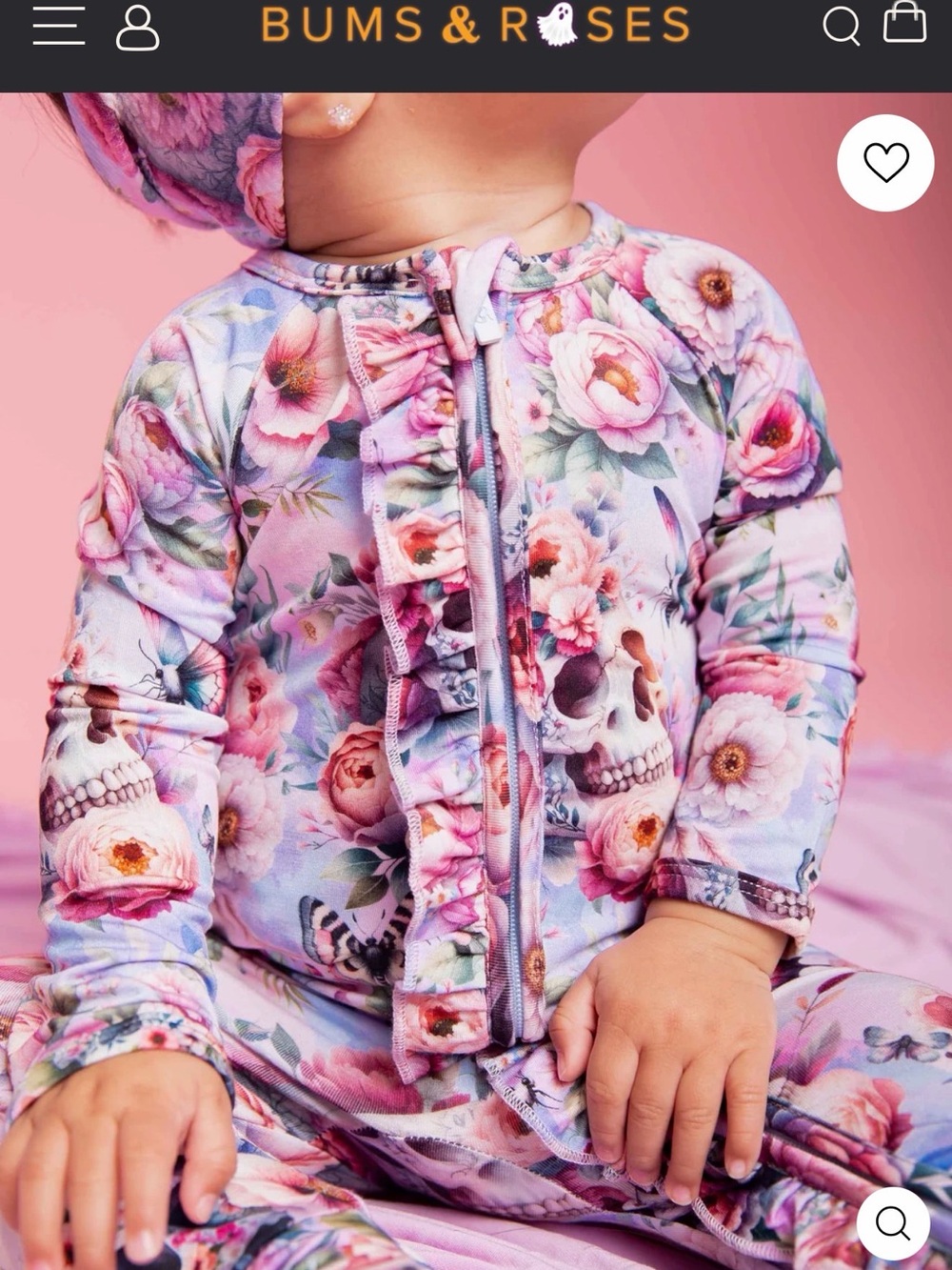 Happy Halloween! Baby Pink Floral & Skull Footed One-Piece Pajamas - Zipper Fron